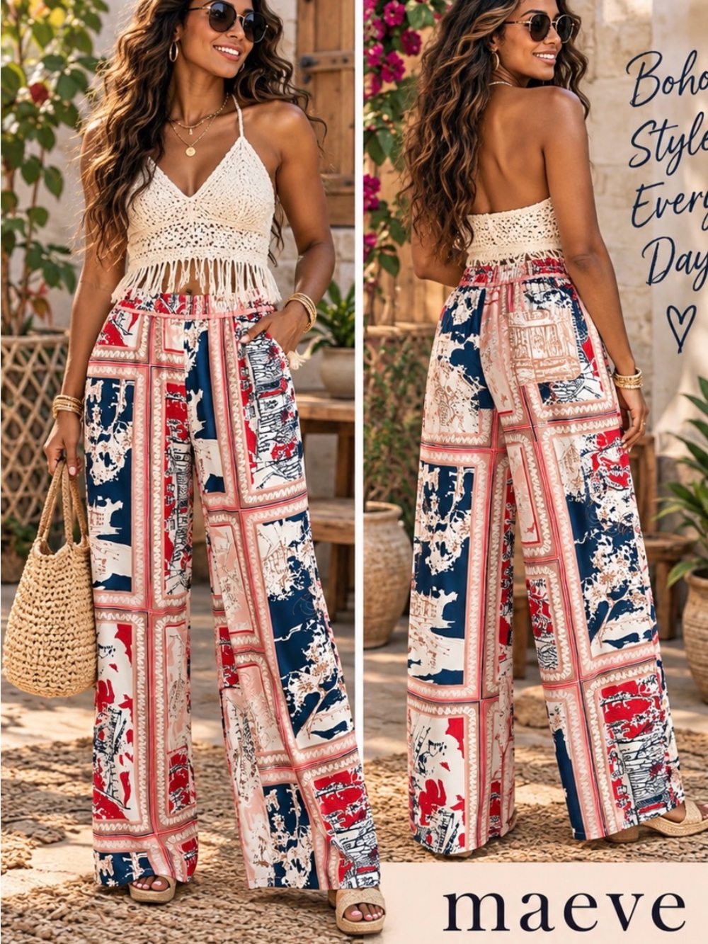 Maeve Anthropologie XXS Scenic Print Wide Leg Pants Pink Red Navy Boho -NWOT